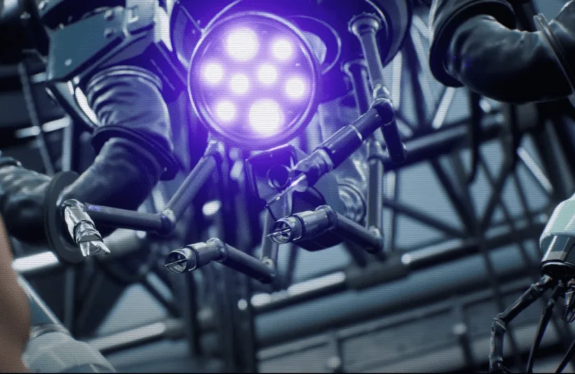 MALPRAXIS, body horror sci-fi sim, medical procedures performed by robot, S.P.I.D.E.R., with Dr. Samuel Edwards, choices influence story, moral dilemma, blood and gore, anatomy, graphic depictions of organs and injuries, Steam, Epic Games, 2026 Game Release, full view of S.P.I.D.E.R.