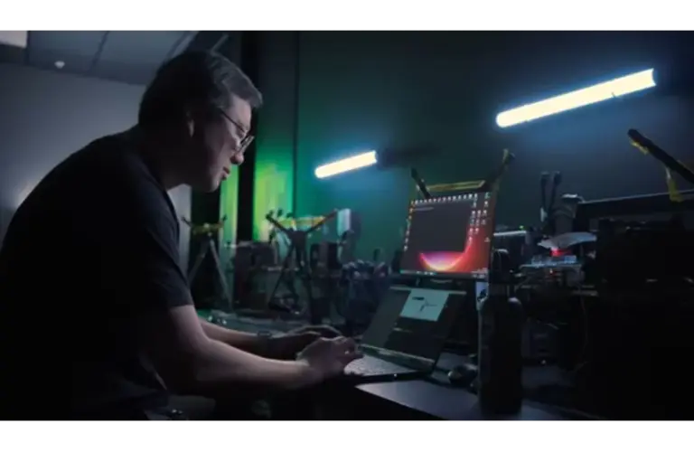 An NVIDIA employee works intently on a laptop in a dimly lit tech lab filled with equipment for the NVIDIA G-SYNC. Two fluorescent lights cast a focused, industrious atmosphere.