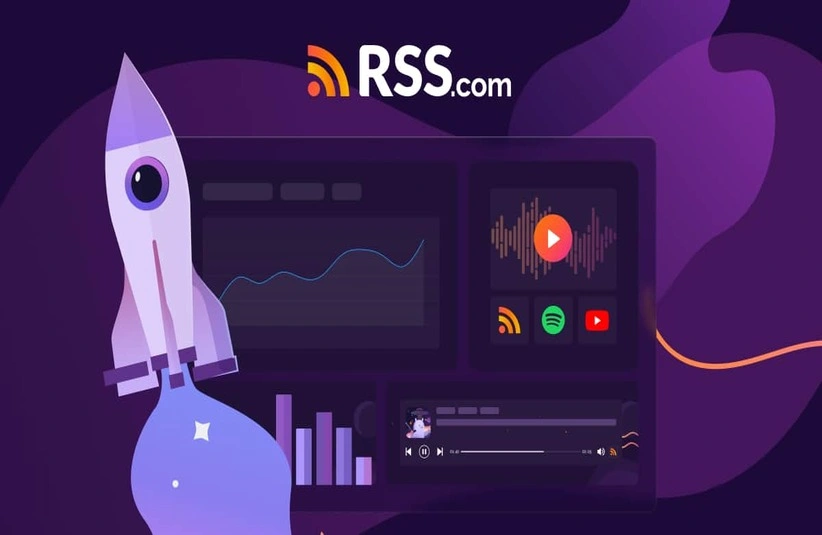 A Purple Rocket in front of a podcasting program. The RSS Readers logo and the URL RSS.com are in the background, Courtesy of RSS America LLC.