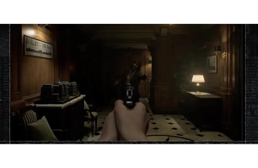First-person view of Grace aiming a gun in a dimly lit, elegant room with wood paneling in Resident Evil Requiem. A shadowy figure stands ahead, creating tension.