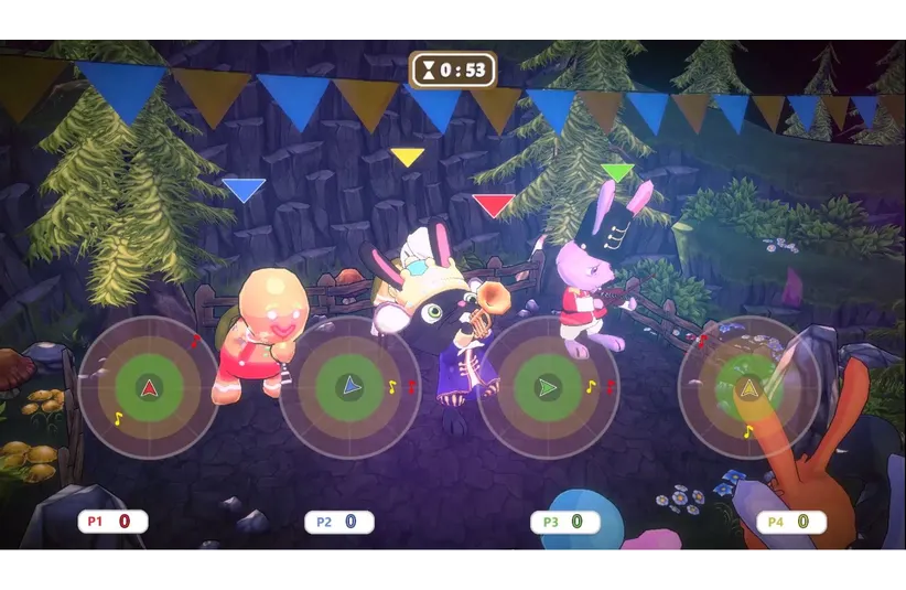 Running Fable Petite Party: Tempo Party A whimsical video game scene with a dancing gingerbread character, musical bear, and marching rabbit. Festive banners and trees add a playful atmosphere.