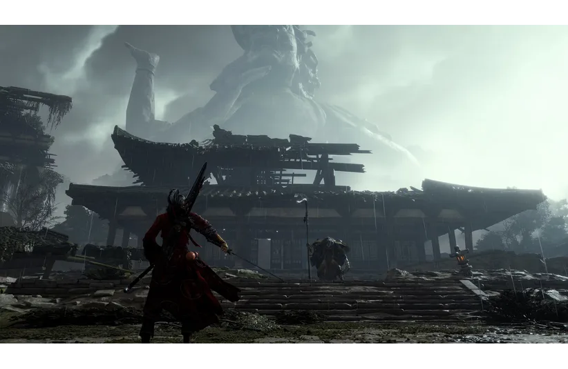 Where Winds Meet: A warrior with swords faces a large, dilapidated temple under a stormy sky. A giant statue looms in the mist, creating a tense, mysterious atmosphere.