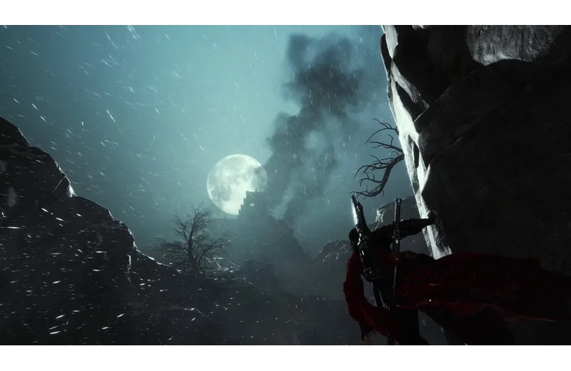 Where Winds Meet: Dark, atmospheric scene showing a figure climbing a rocky cliff under a full moon. Snow falls heavily, with smoke trailing from a distant ruin.
