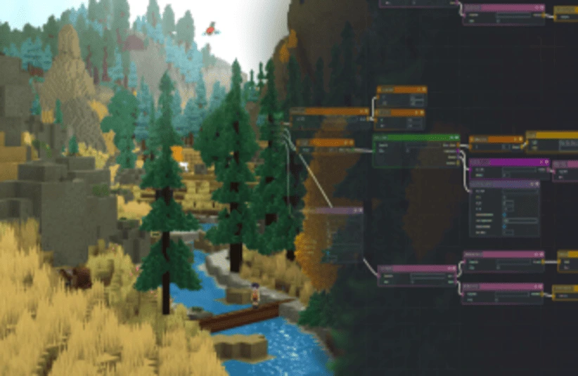 Split-screen image of Hytale's voxel-style forest with a river on the left and a complex, colorful flowchart or node diagram on the right, blending nature and technology themes.