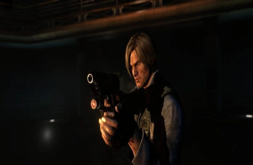 Resident Evil's Leon Kennedy aims a handgun in a dimly lit, tense setting. The spotlight highlights his focused expression and tactical gear.
