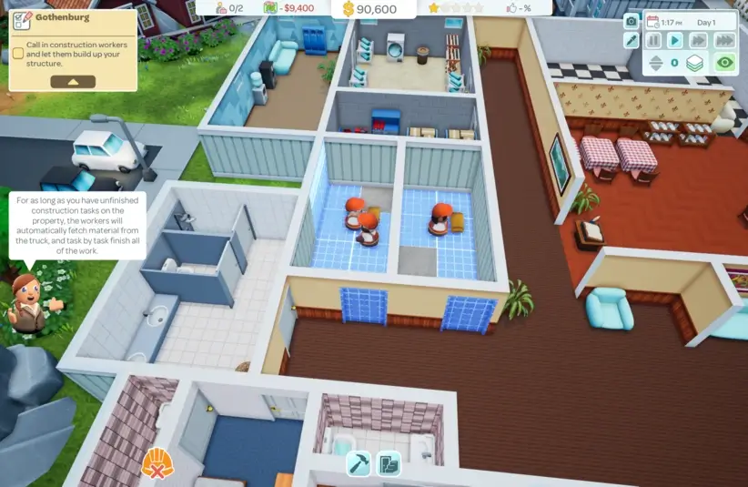 Construction workers build a bedroom in Hotel Architect