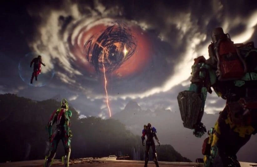 Anthem battle scene were a couple of player characters stare up at the swirling sky with a red beam of light shoots up into it
